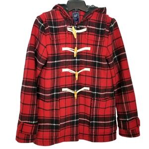 Gap Contrast Wool Blend Toggle Coat Sz M Red Black Plaid Classic Academia Hooded